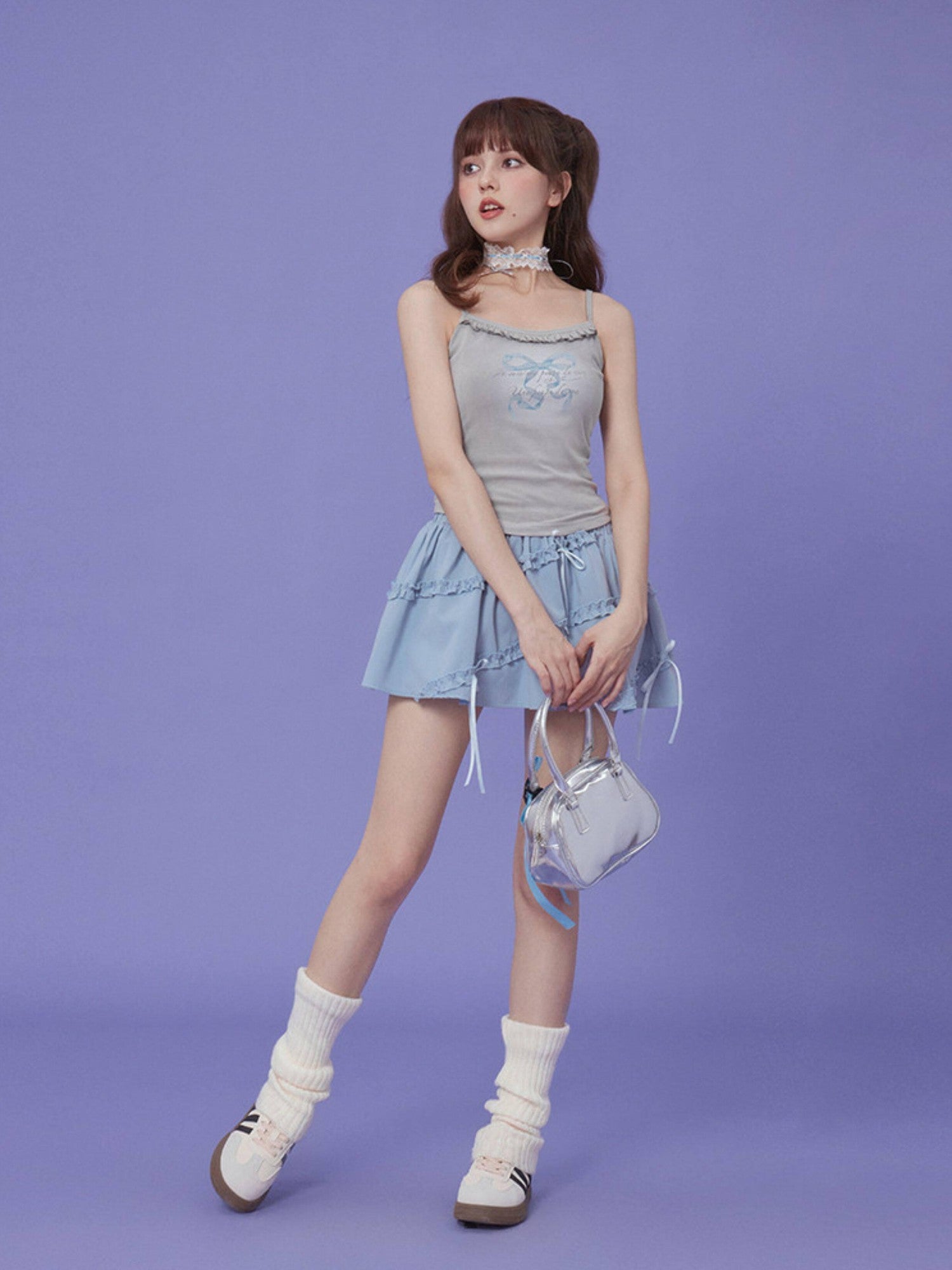 SagiDolls Baby Blue Double Waist Bow Ruffle High Waist Women's Mini Skirts