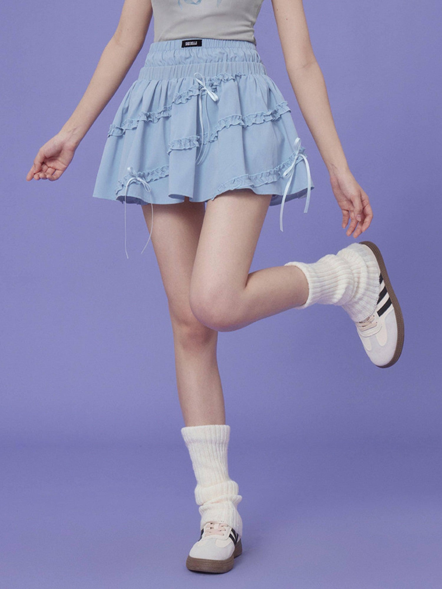 SagiDolls Baby Blue Double Waist Bow Ruffle High Waist Women's Mini Skirts