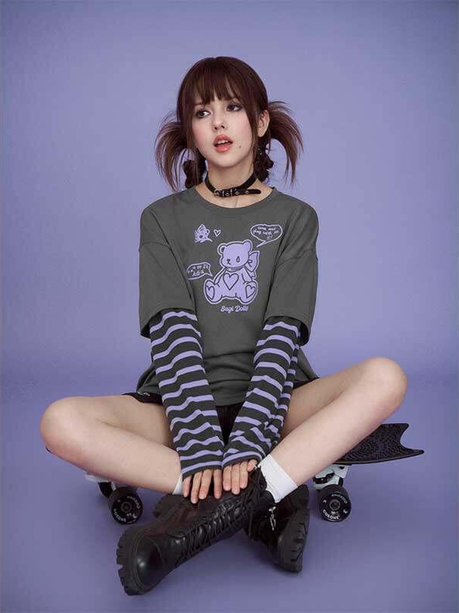 SagiDolls Bear Patchwork Print Drop Shoulder Women's Cotton Blend Long Sleeve T-shirts