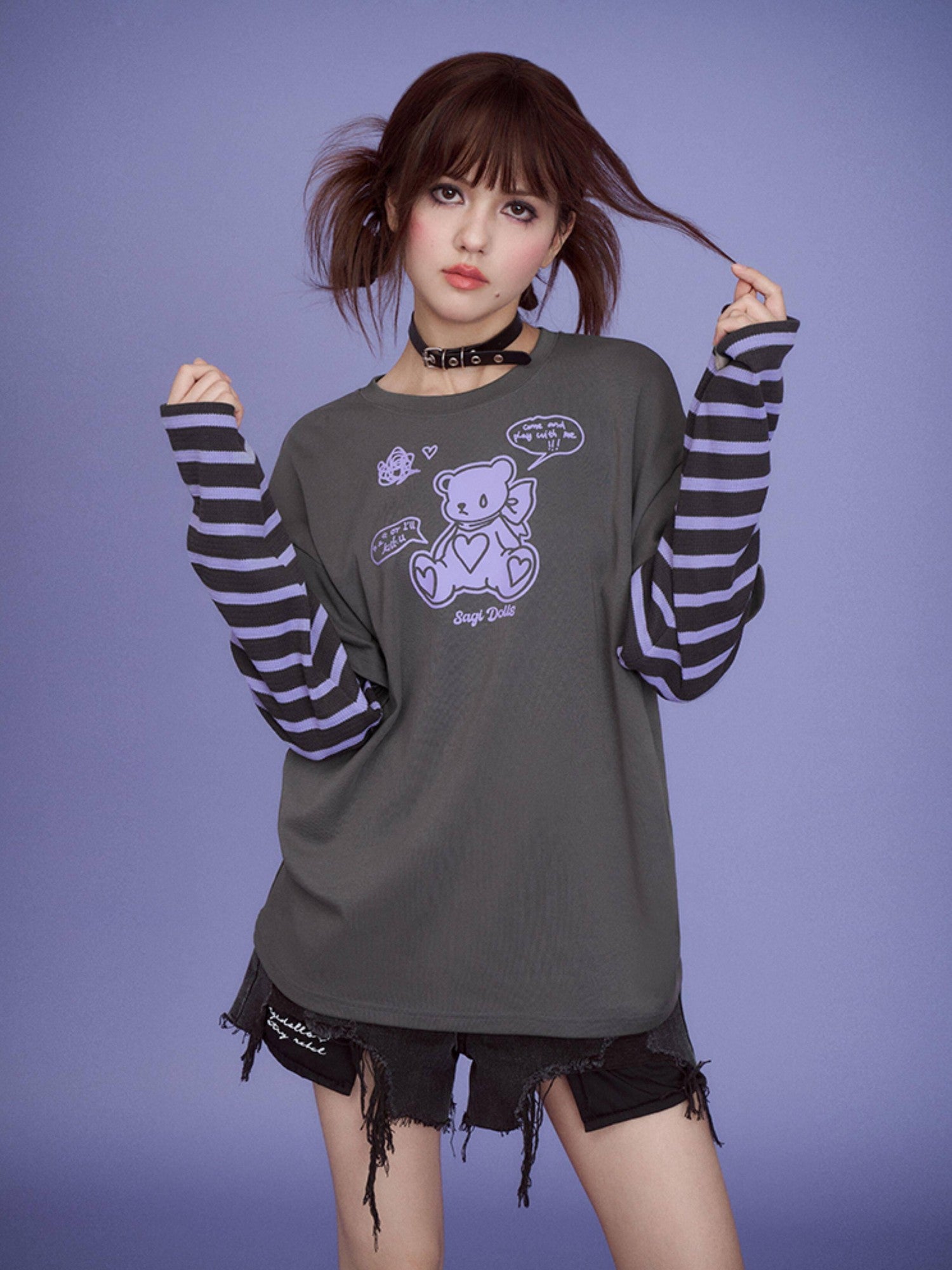 SagiDolls Bear Patchwork Print Drop Shoulder Women's Cotton Blend Long Sleeve T-shirts