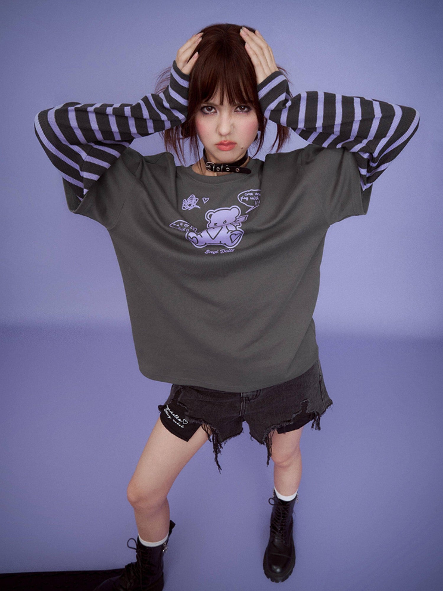 SagiDolls Bear Patchwork Print Drop Shoulder Women's Cotton Blend Long Sleeve T-shirts