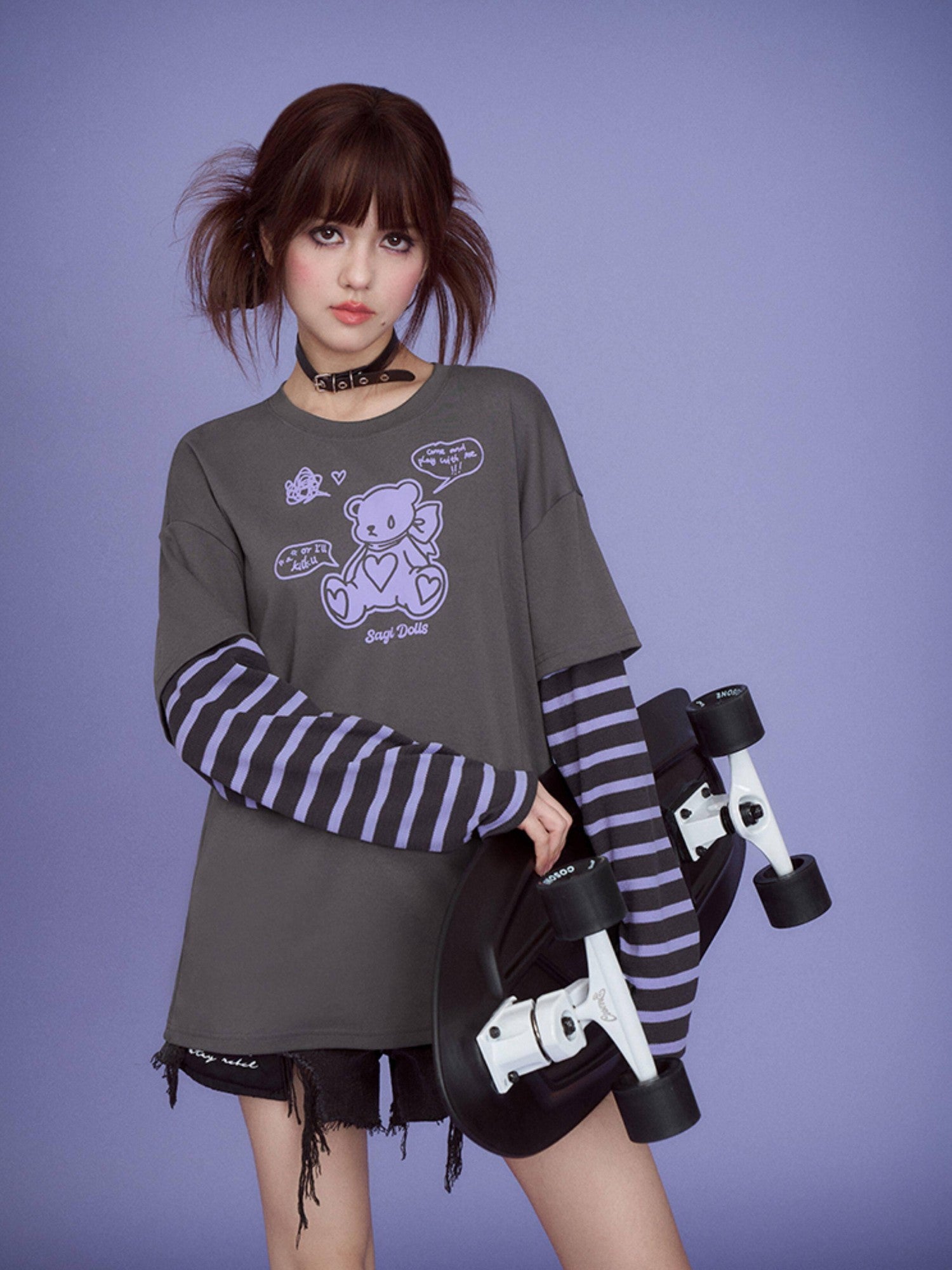 SagiDolls Bear Patchwork Print Drop Shoulder Women's Cotton Blend Long Sleeve T-shirts
