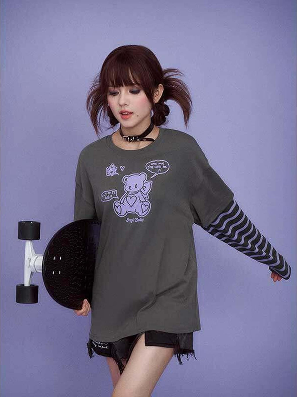 SagiDolls Bear Patchwork Print Drop Shoulder Women's Cotton Blend Long Sleeve T-shirts