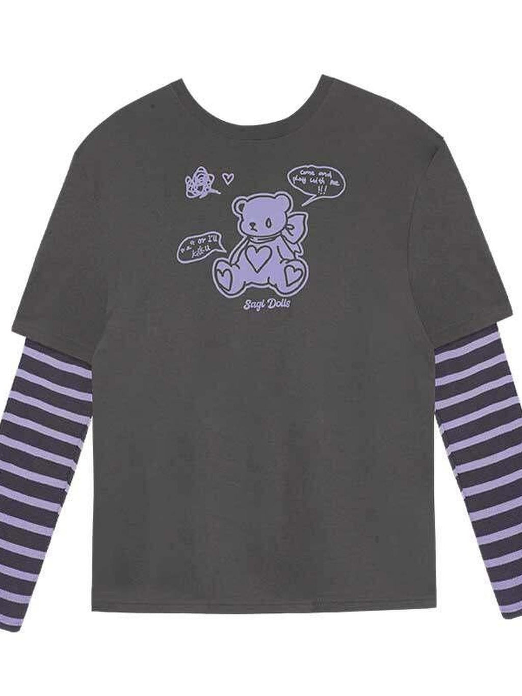 SagiDolls Bear Patchwork Print Drop Shoulder Women's Cotton Blend Long Sleeve T-shirts