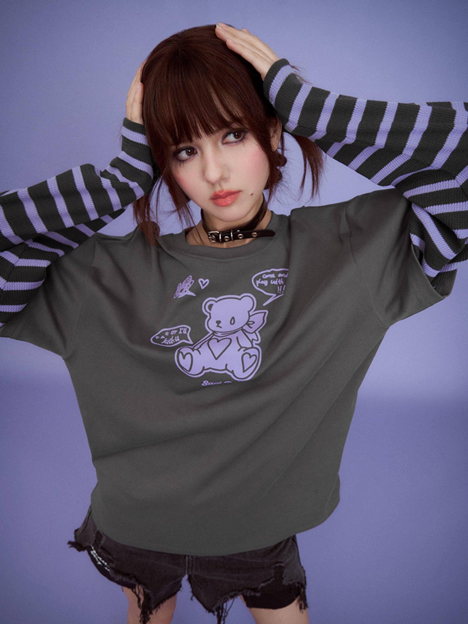 SagiDolls Bear Patchwork Print Drop Shoulder Women's Cotton Blend Long Sleeve T-shirts