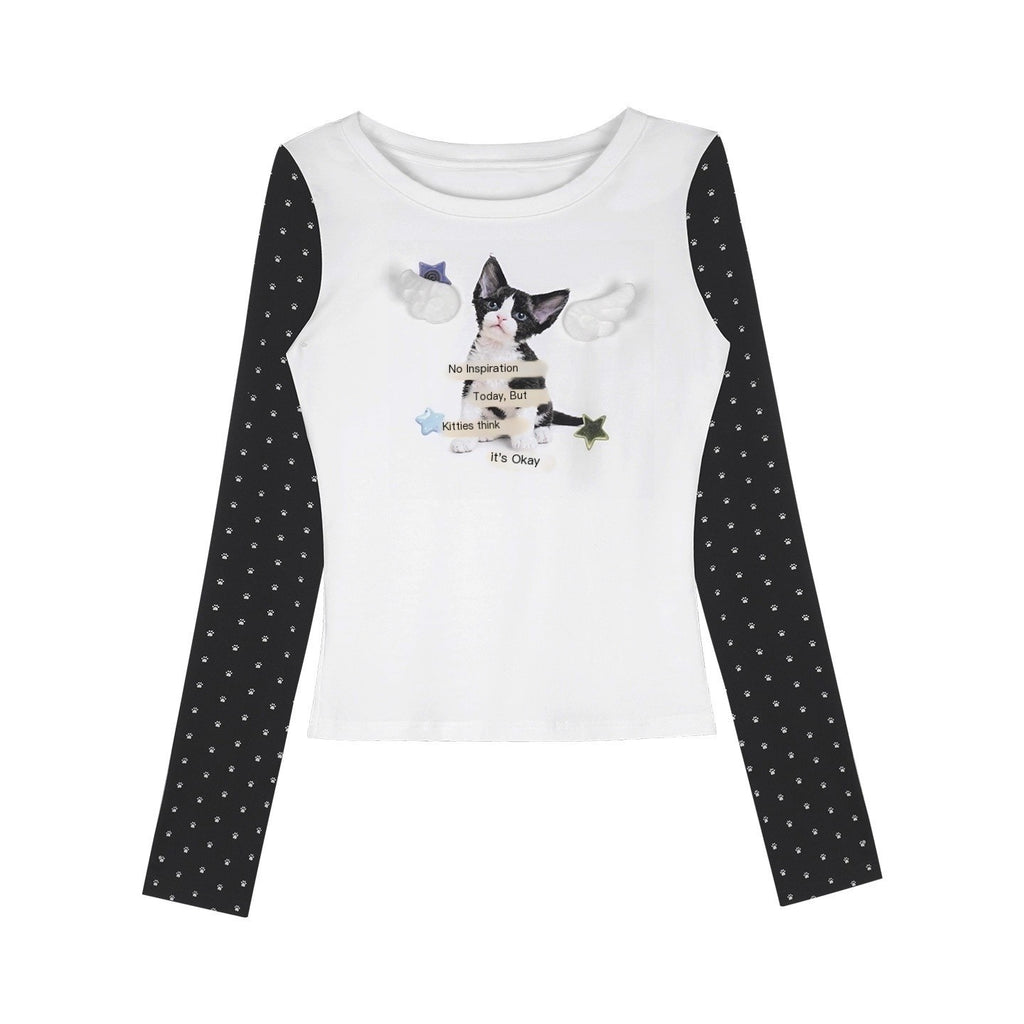 SagiDolls_Black_And_White_Print_Color_Block_Round_Neck_Women's_Cotton_Long_Sleeve_T-shirts_1077112167824_MISSTT