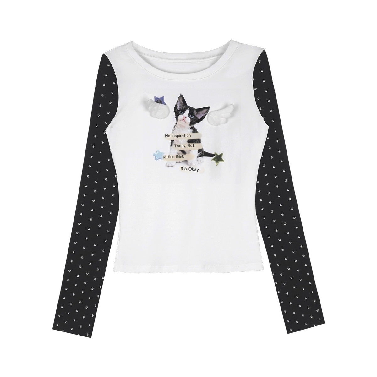 SagiDolls_Black_And_White_Print_Color_Block_Round_Neck_Women's_Cotton_Long_Sleeve_T-shirts_1077112167824_MISSTT