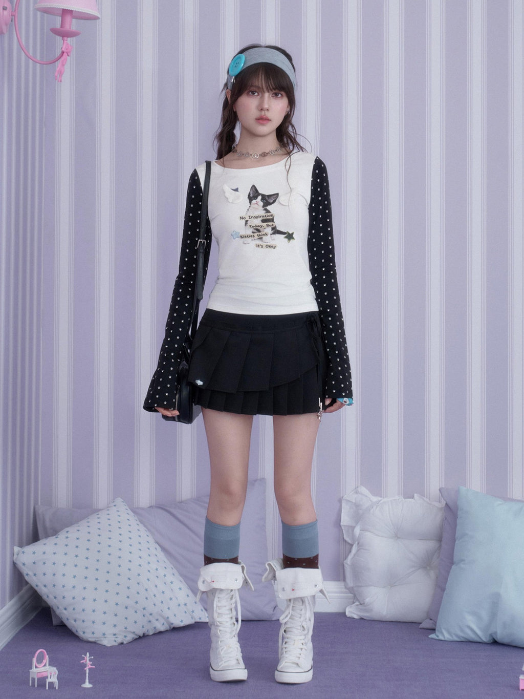 SagiDolls Black And White Print Color Block Round Neck Women's Cotton Long Sleeve T-shirts
