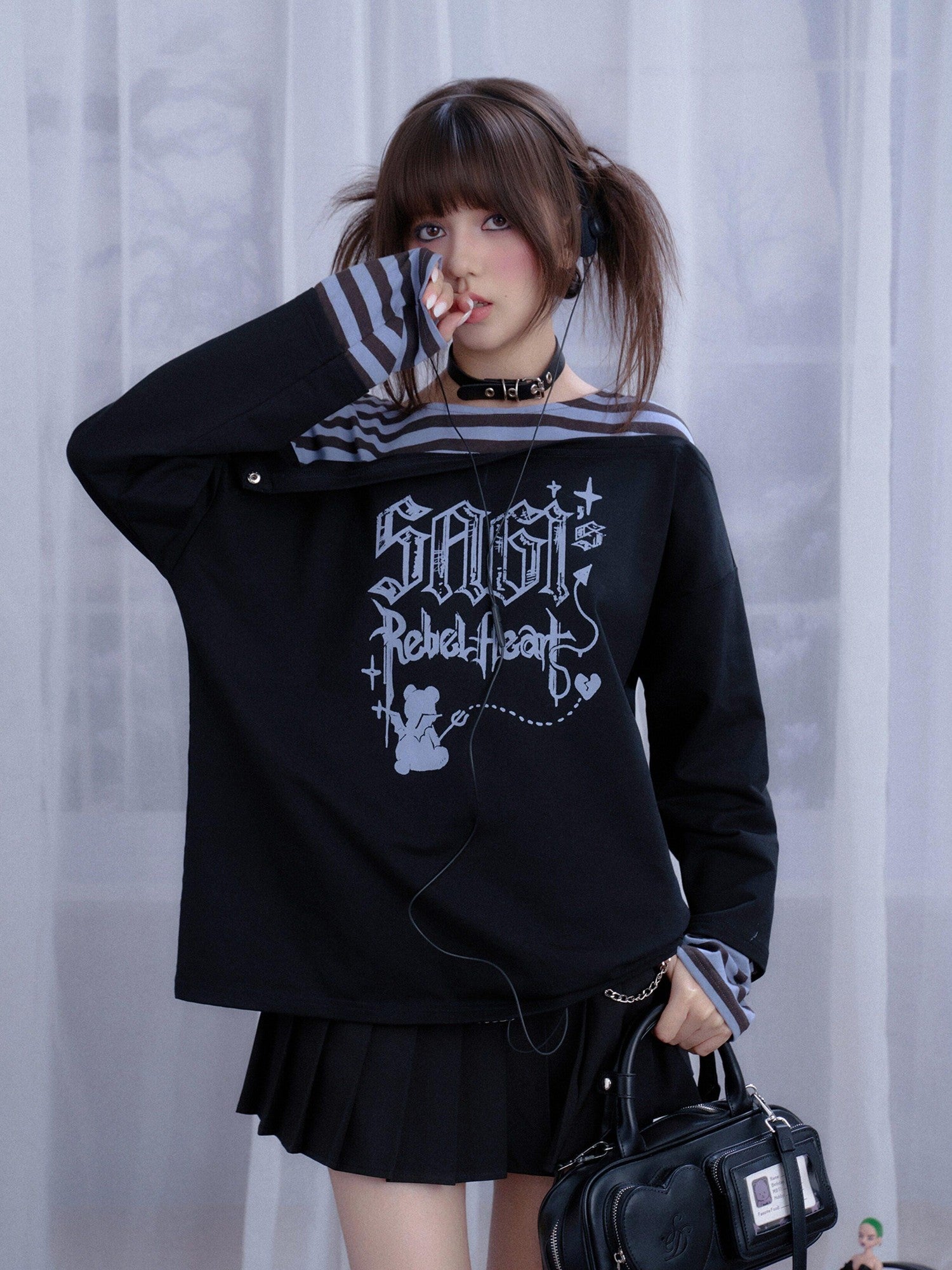 SagiDolls Black Blue Striped Graffiti Layered Patchwork Women's Cotton Blend Sweatshirts