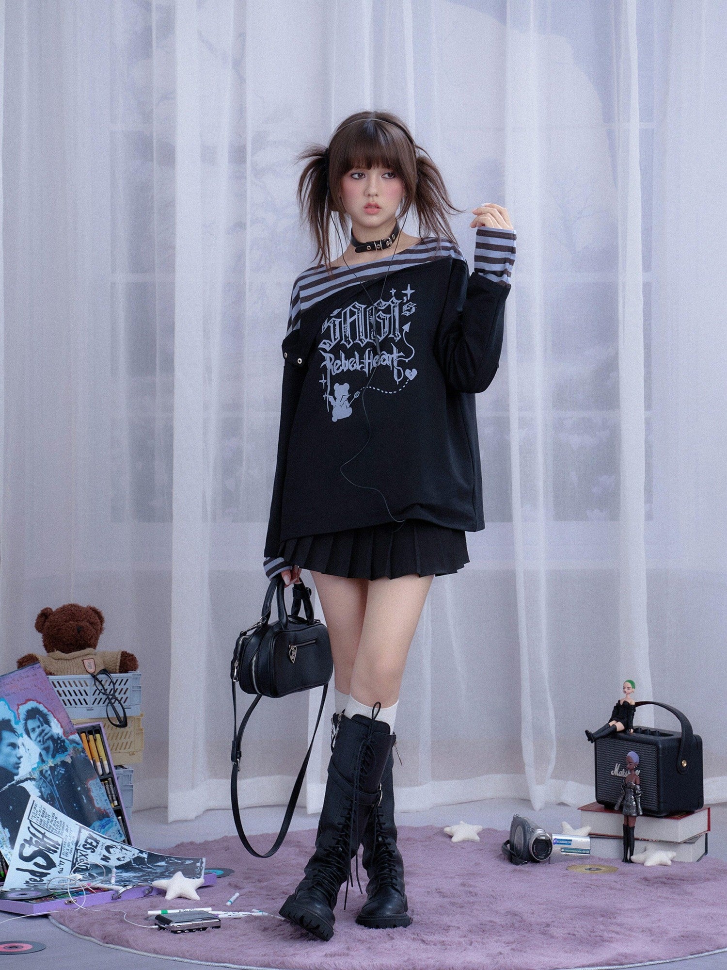 SagiDolls Black Blue Striped Graffiti Layered Patchwork Women's Cotton Blend Sweatshirts