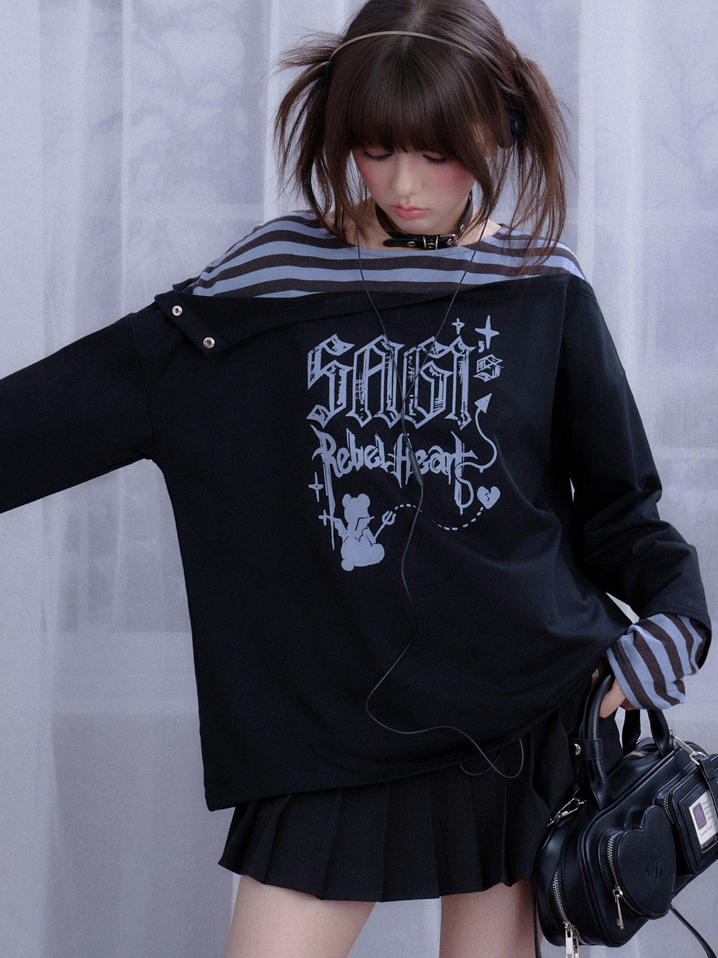 SagiDolls Black Blue Striped Graffiti Layered Patchwork Women's Cotton Blend Sweatshirts