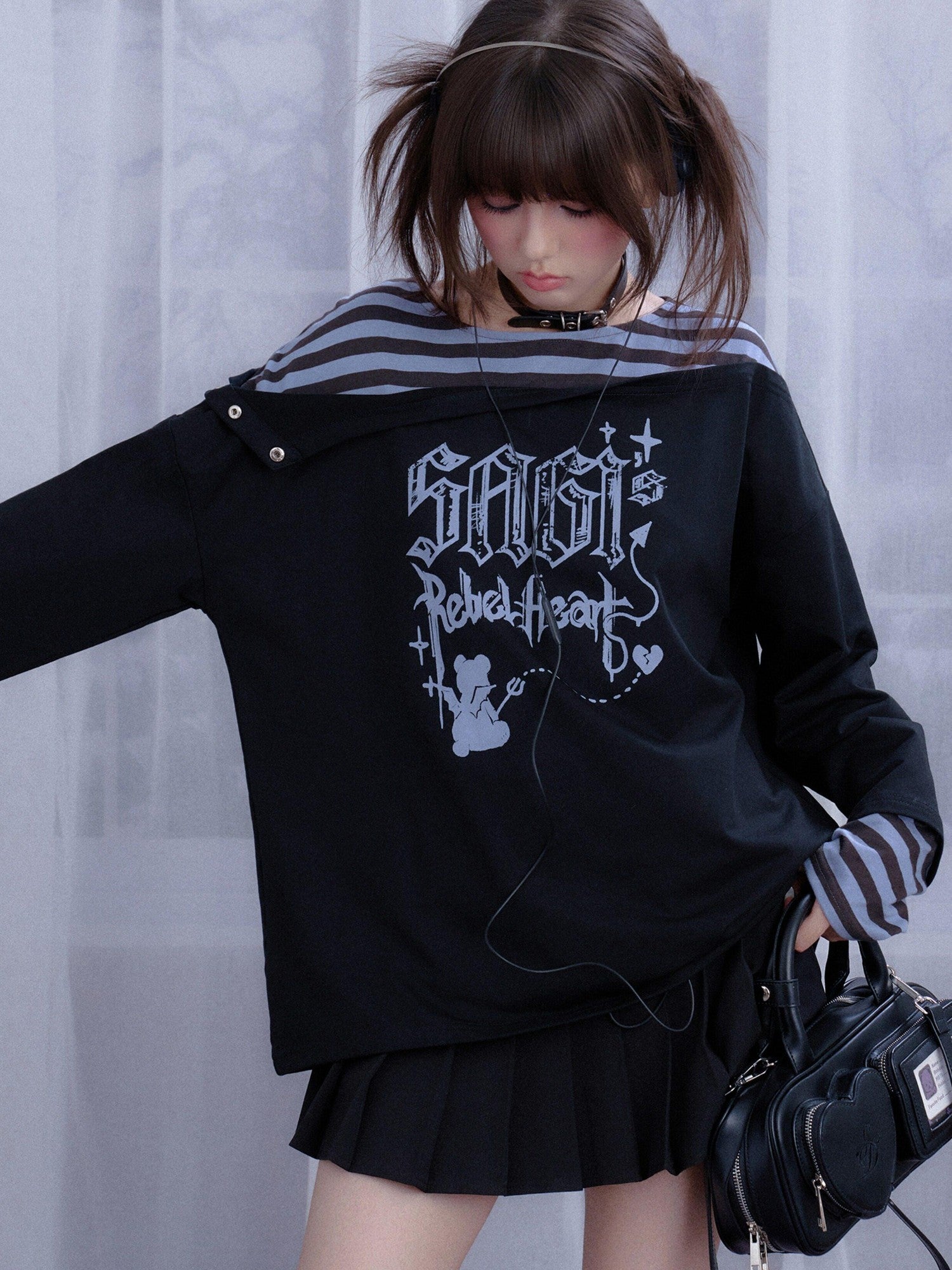 SagiDolls Black Blue Striped Graffiti Layered Patchwork Women's Cotton Blend Sweatshirts