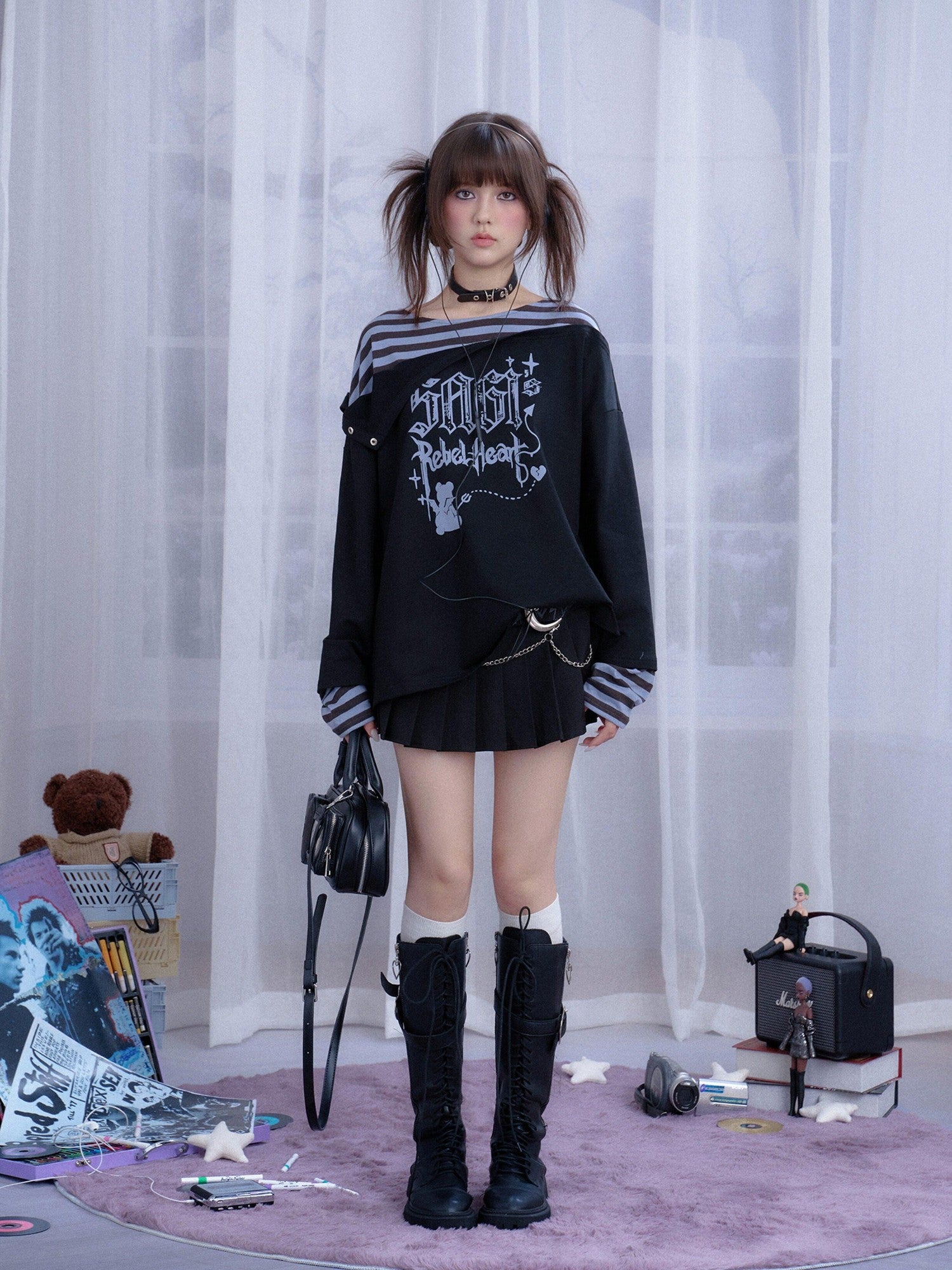 SagiDolls Black Blue Striped Graffiti Layered Patchwork Women's Cotton Blend Sweatshirts