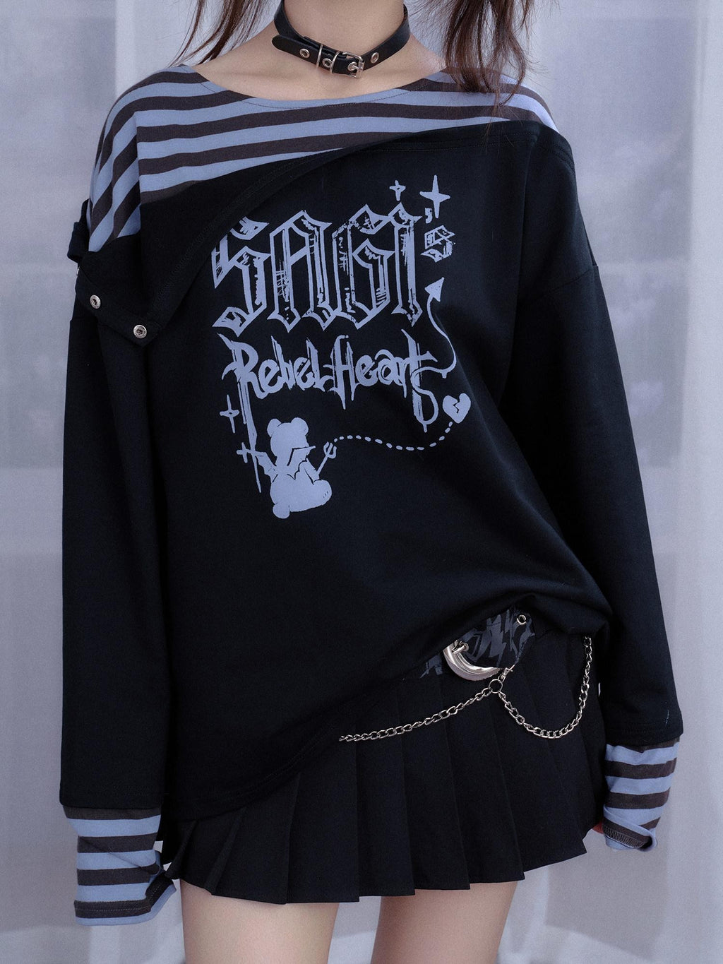 SagiDolls Black Blue Striped Graffiti Layered Patchwork Women's Cotton Blend Sweatshirts