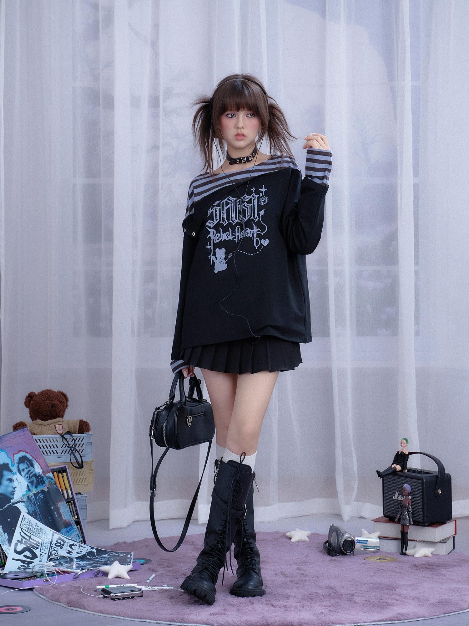 SagiDolls Black Blue Striped Graffiti Layered Patchwork Women's Cotton Blend Sweatshirts