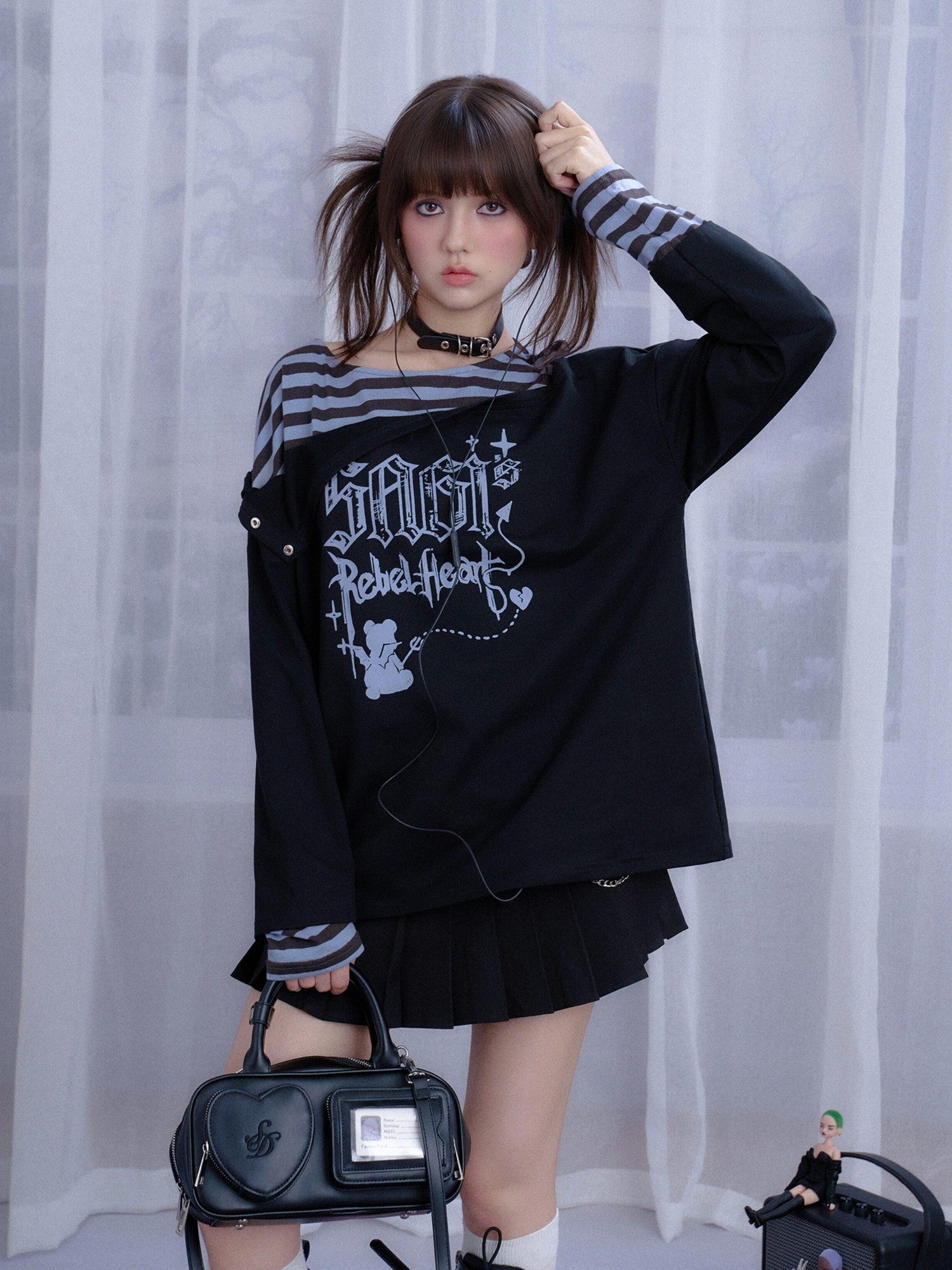 SagiDolls Black Blue Striped Graffiti Layered Patchwork Women's Cotton Blend Sweatshirts