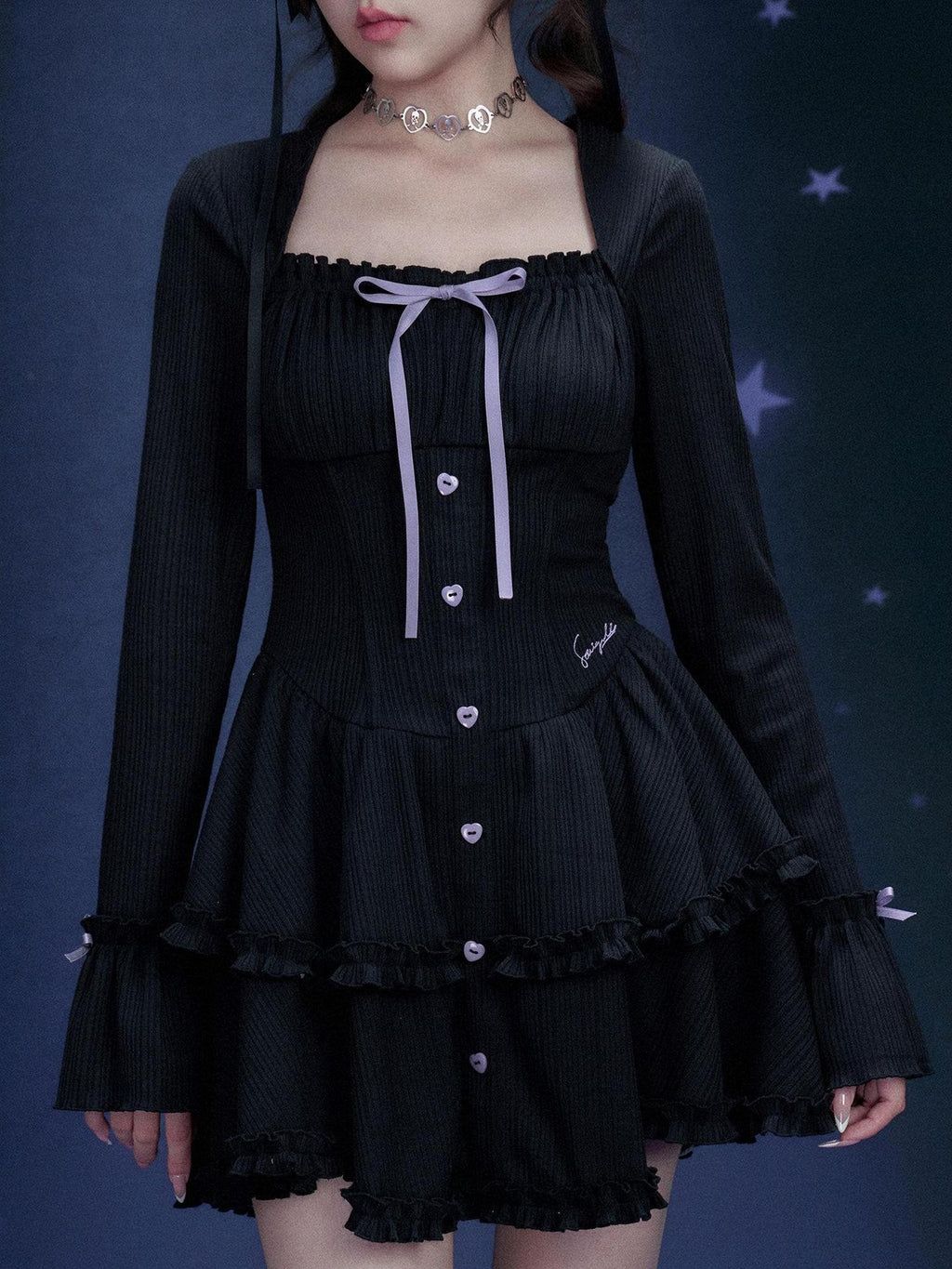 SagiDolls Black Bow Tiered Bell Sleeve Square Neck Women's Polyester Corset Mini Dresses