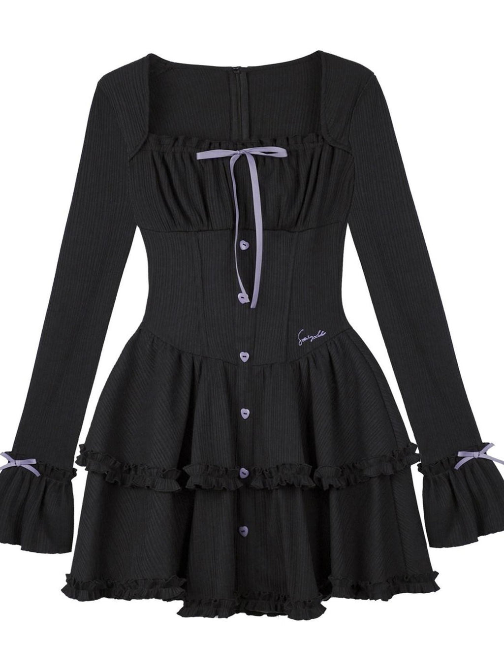 SagiDolls Black Bow Tiered Bell Sleeve Square Neck Women's Polyester Corset Mini Dresses