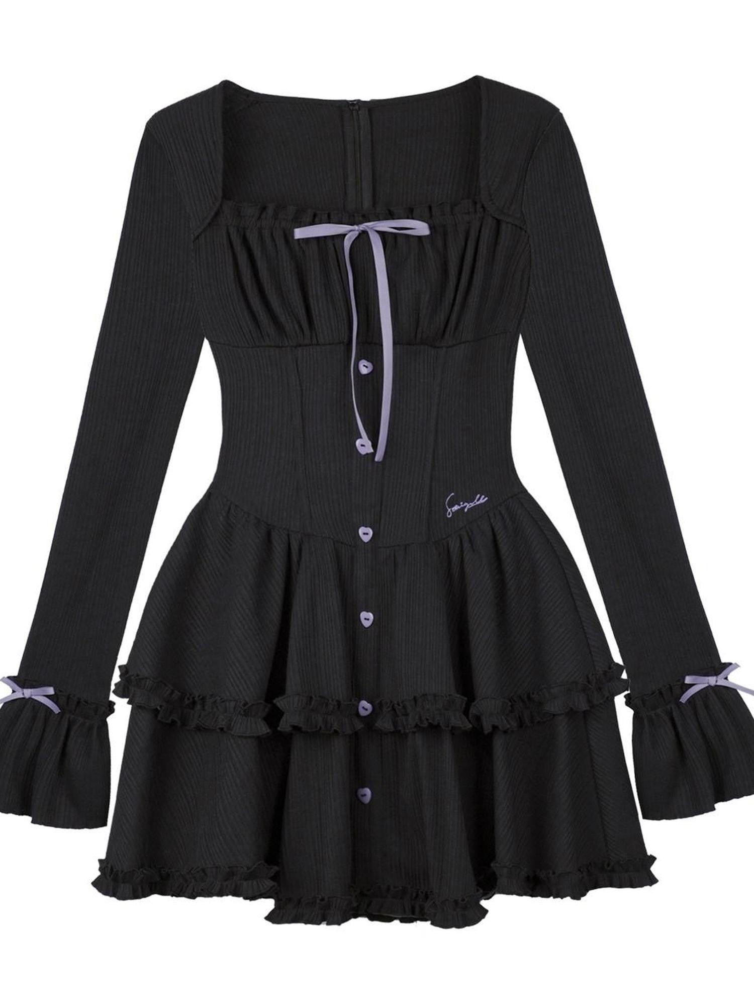 SagiDolls Black Bow Tiered Bell Sleeve Square Neck Women's Polyester Corset Mini Dresses