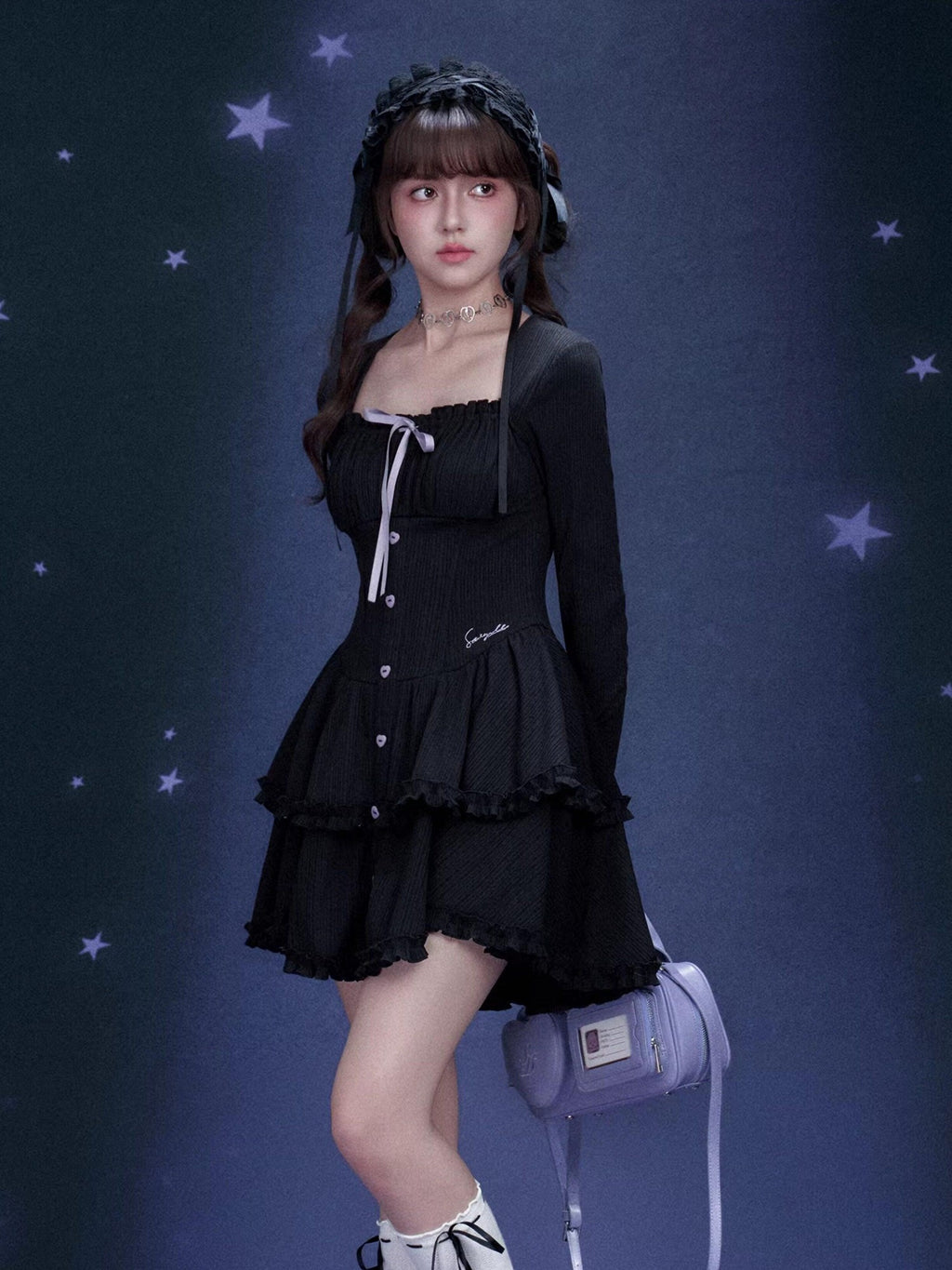 SagiDolls Black Bow Tiered Bell Sleeve Square Neck Women's Polyester Corset Mini Dresses