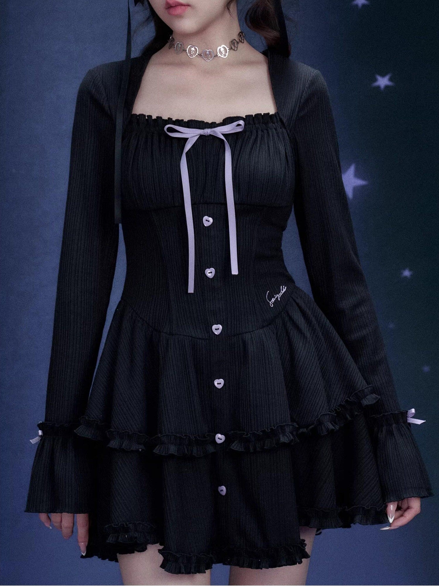 SagiDolls Black Bow Tiered Bell Sleeve Square Neck Women's Polyester Corset Mini Dresses