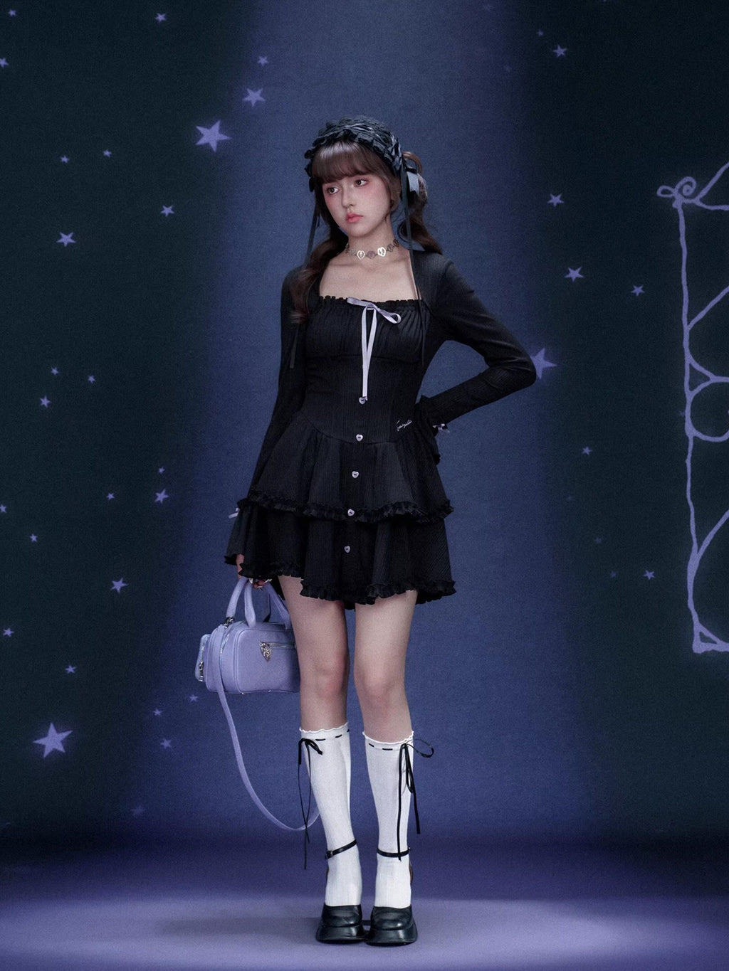 SagiDolls Black Bow Tiered Bell Sleeve Square Neck Women's Polyester Corset Mini Dresses
