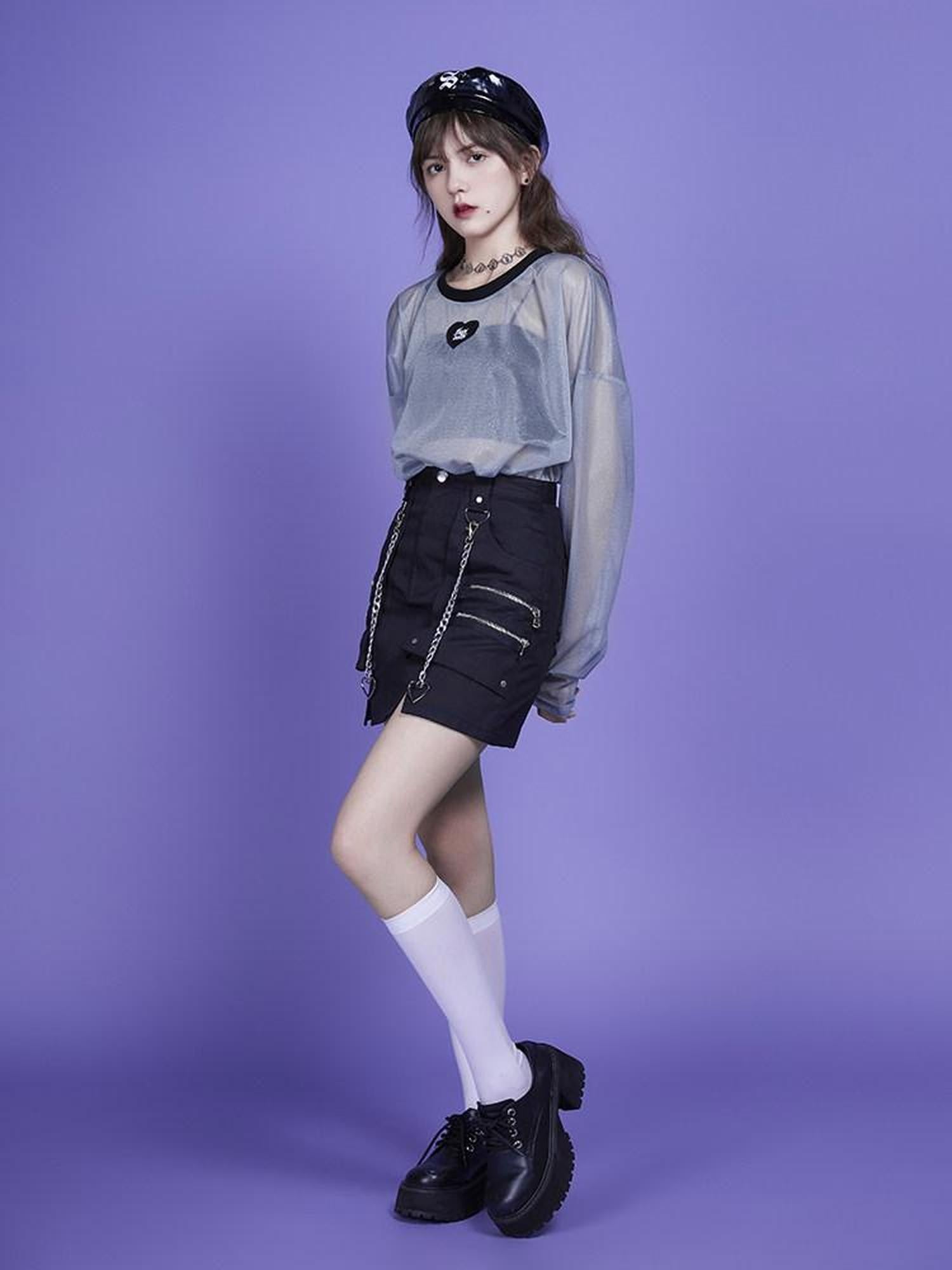 SagiDolls Black Chain A Line Dark Street Women's Cotton Stretch Mini Skirts
