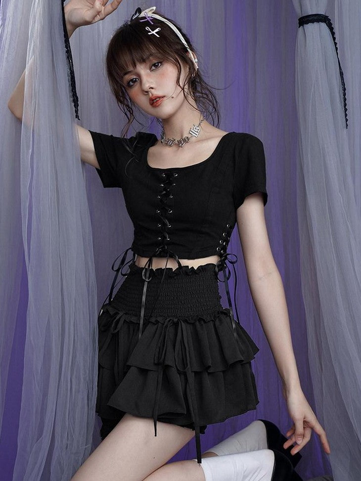 SagiDolls Black Dark Ruffle High Waist A Line Women's Polyester Tiered Skirts