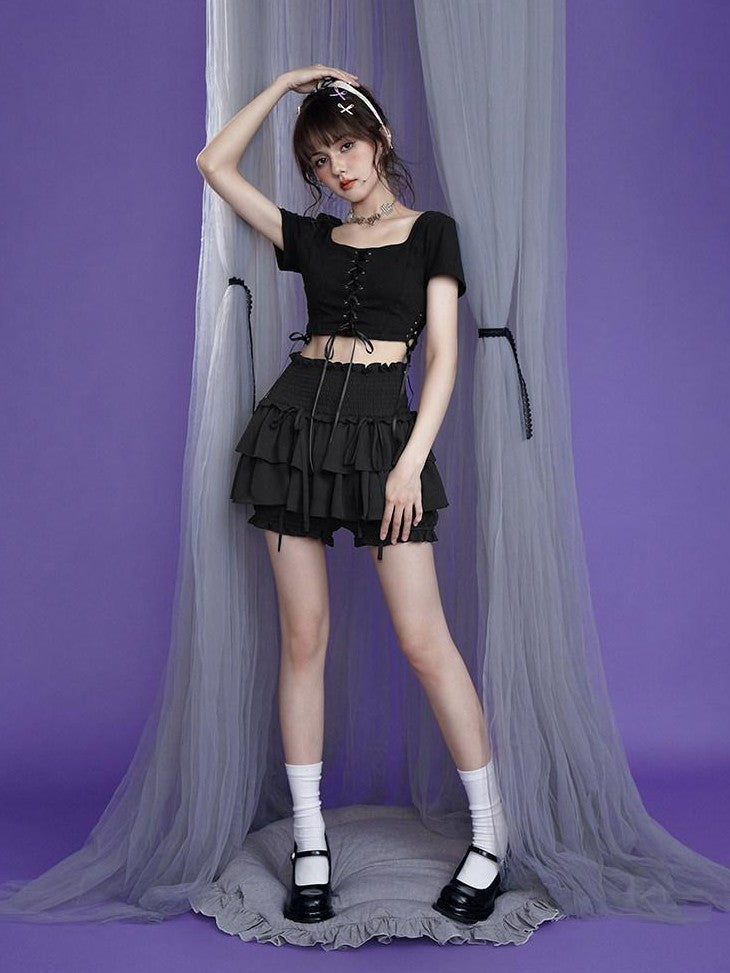 SagiDolls Black Dark Ruffle High Waist A Line Women's Polyester Tiered Skirts