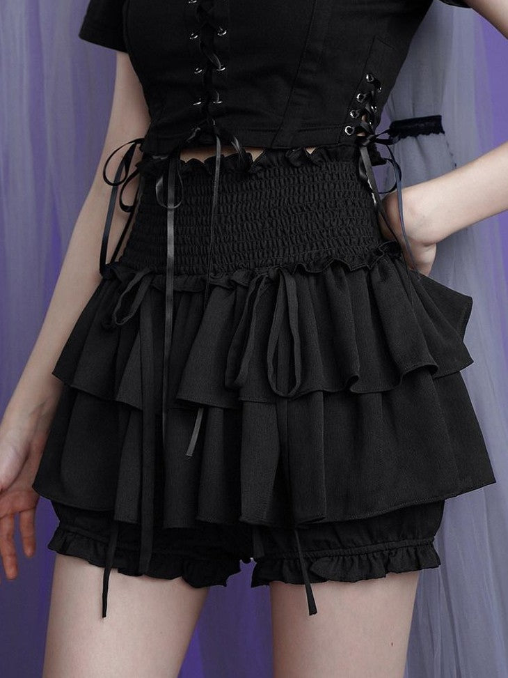 SagiDolls Black Dark Ruffle High Waist A Line Women's Polyester Tiered Skirts