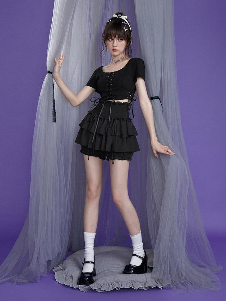 SagiDolls Black Dark Ruffle High Waist A Line Women's Polyester Tiered Skirts