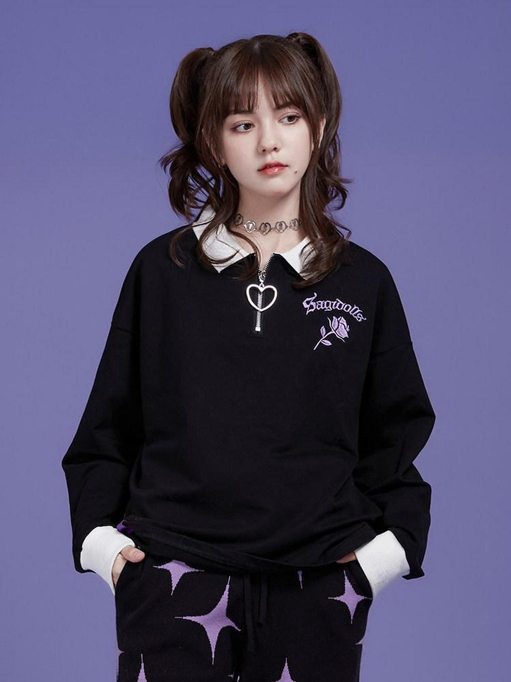 SagiDolls Black Embroidered Rose Loose Women's Cotton Blend Long Sleeve T-shirts