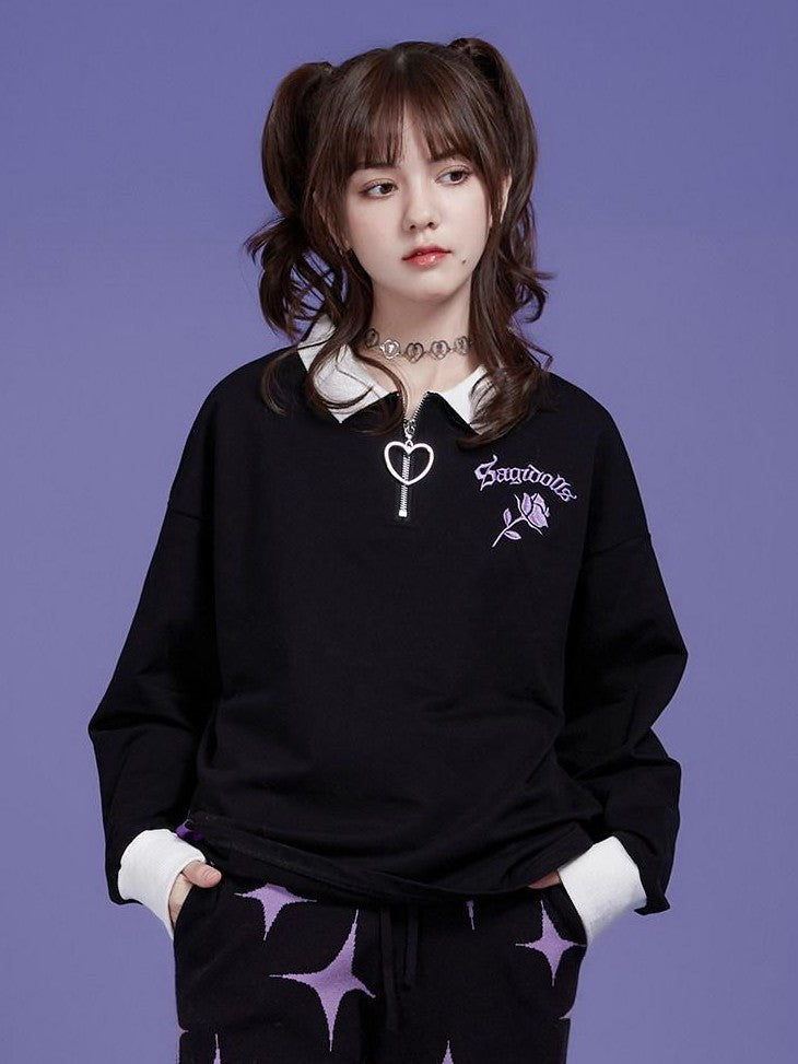 SagiDolls Black Embroidered Rose Loose Women's Cotton Blend Long Sleeve T-shirts