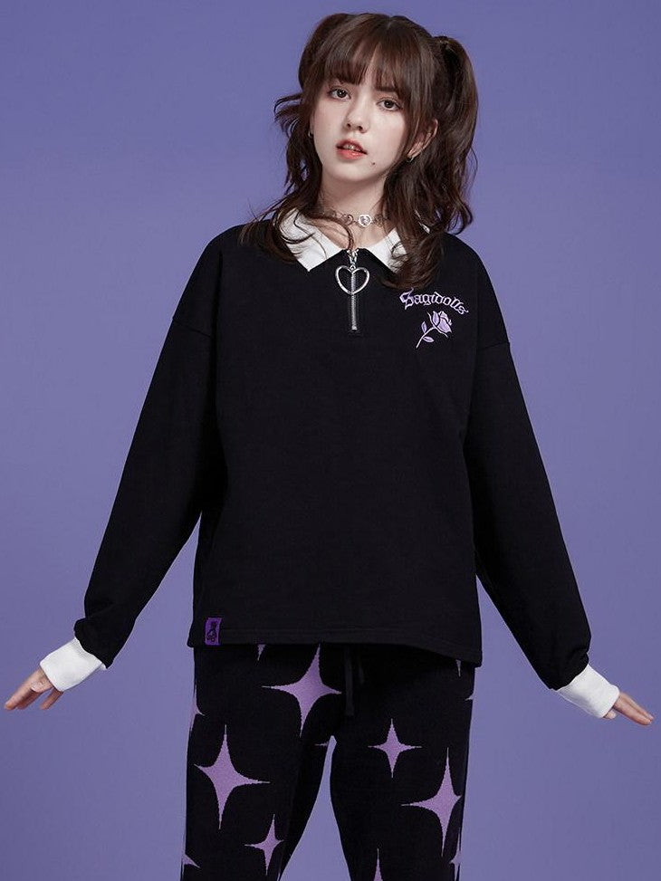 SagiDolls Black Embroidered Rose Loose Women's Cotton Blend Long Sleeve T-shirts