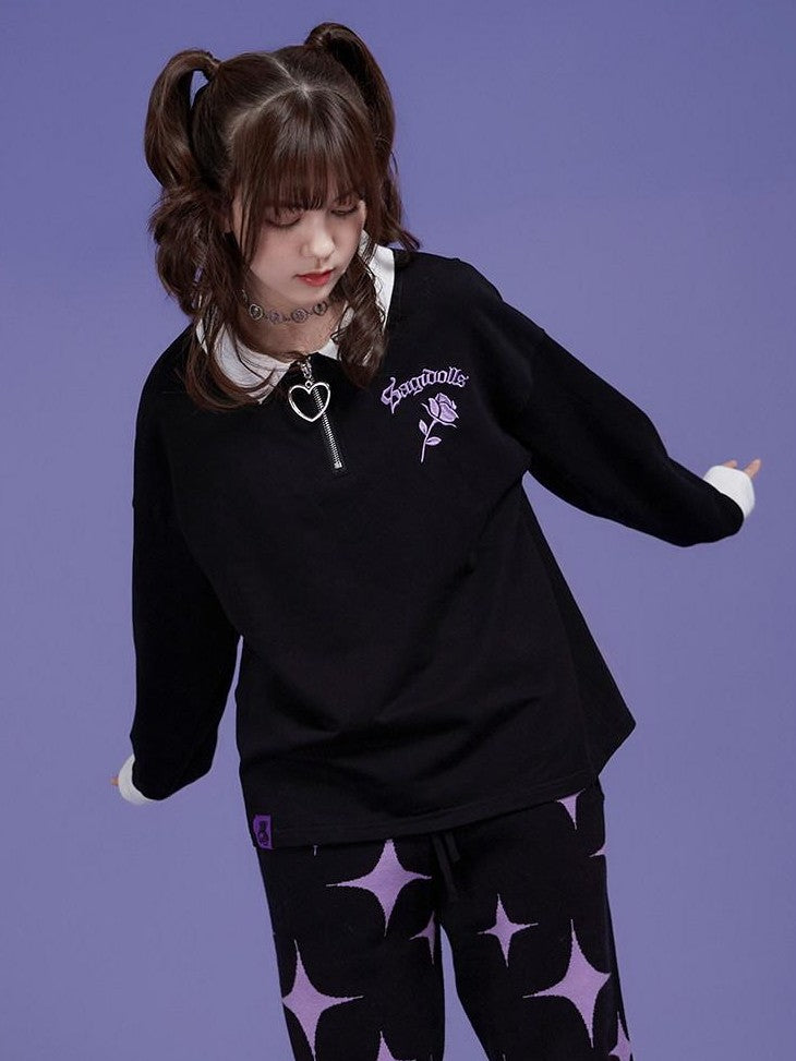 SagiDolls Black Embroidered Rose Loose Women's Cotton Blend Long Sleeve T-shirts