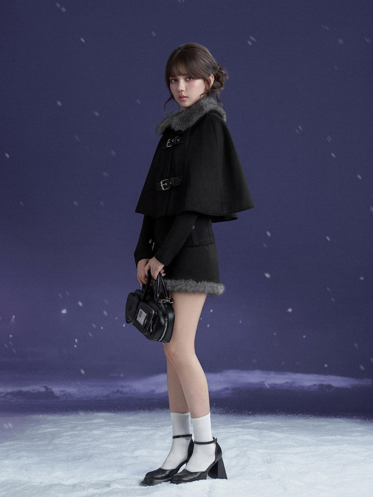 SagiDolls Black Faux Fur Collar Wool Cape Two Piece Women's Matching Skirt Sets