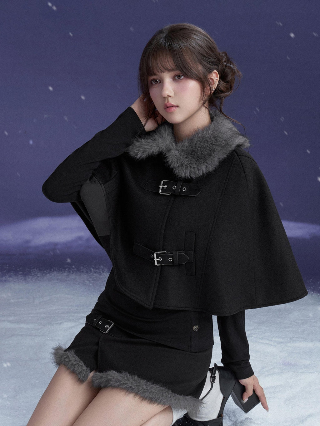 SagiDolls Black Faux Fur Collar Wool Cape Two Piece Women's Matching Skirt Sets