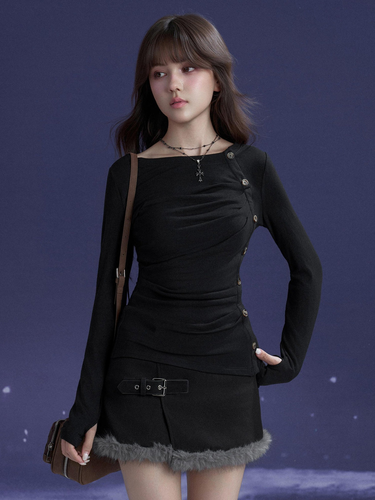 SagiDolls Black Faux Fur Collar Wool Cape Two Piece Women's Matching Skirt Sets