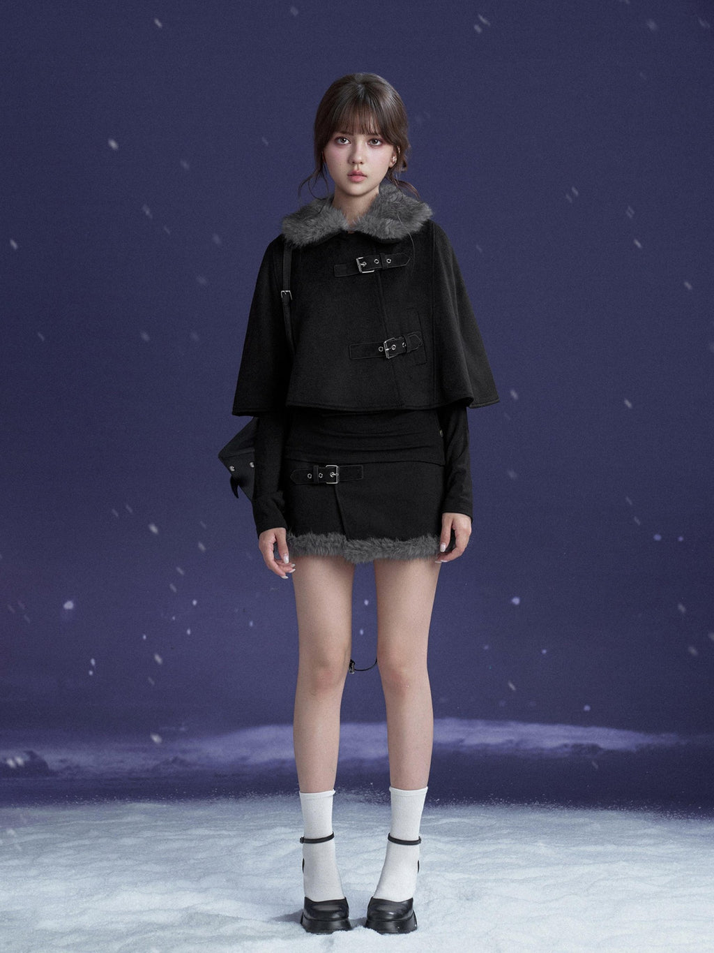 SagiDolls Black Faux Fur Collar Wool Cape Two Piece Women's Matching Skirt Sets