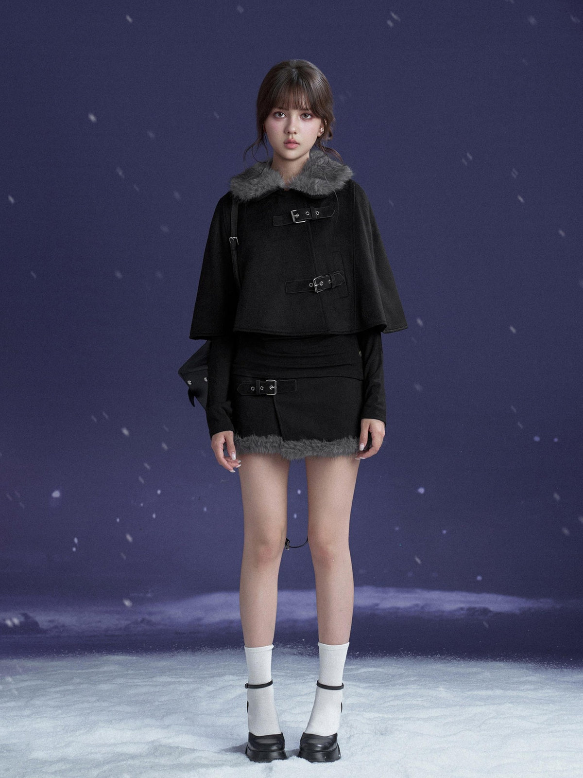 SagiDolls Black Faux Fur Collar Wool Cape Two Piece Women's Matching Skirt Sets