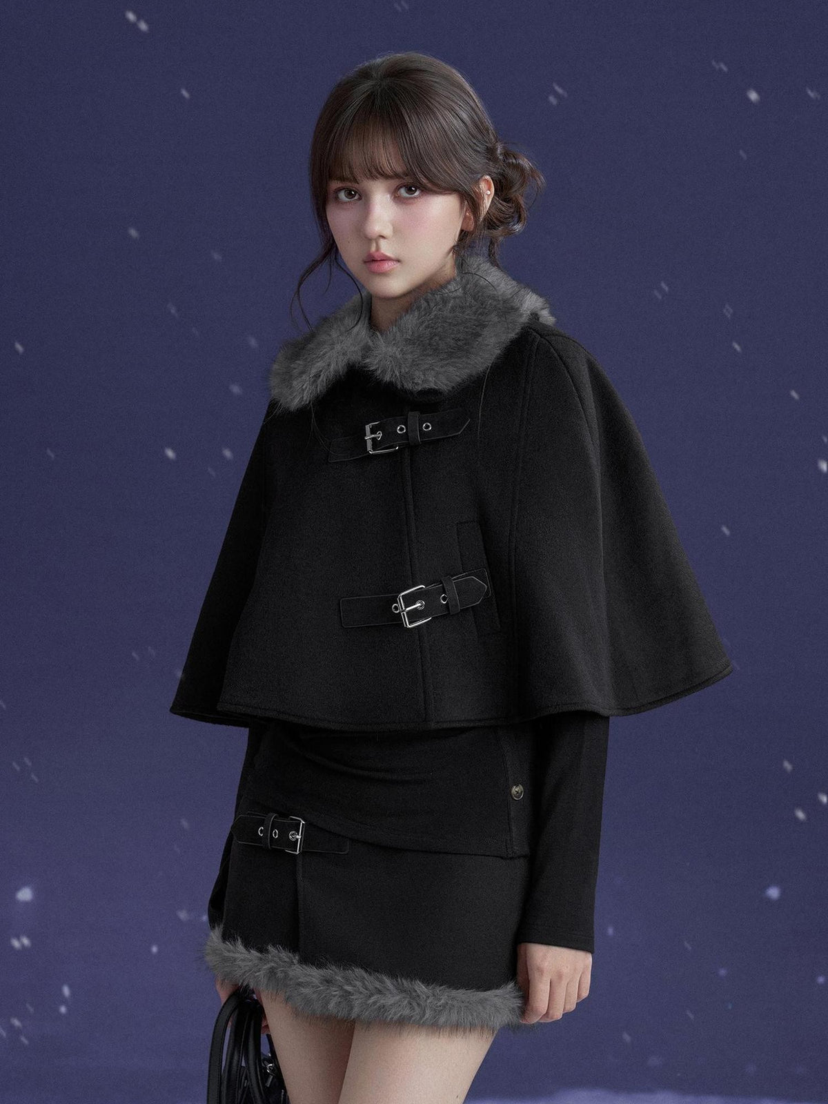SagiDolls Black Faux Fur Collar Wool Cape Two Piece Women's Matching Skirt Sets
