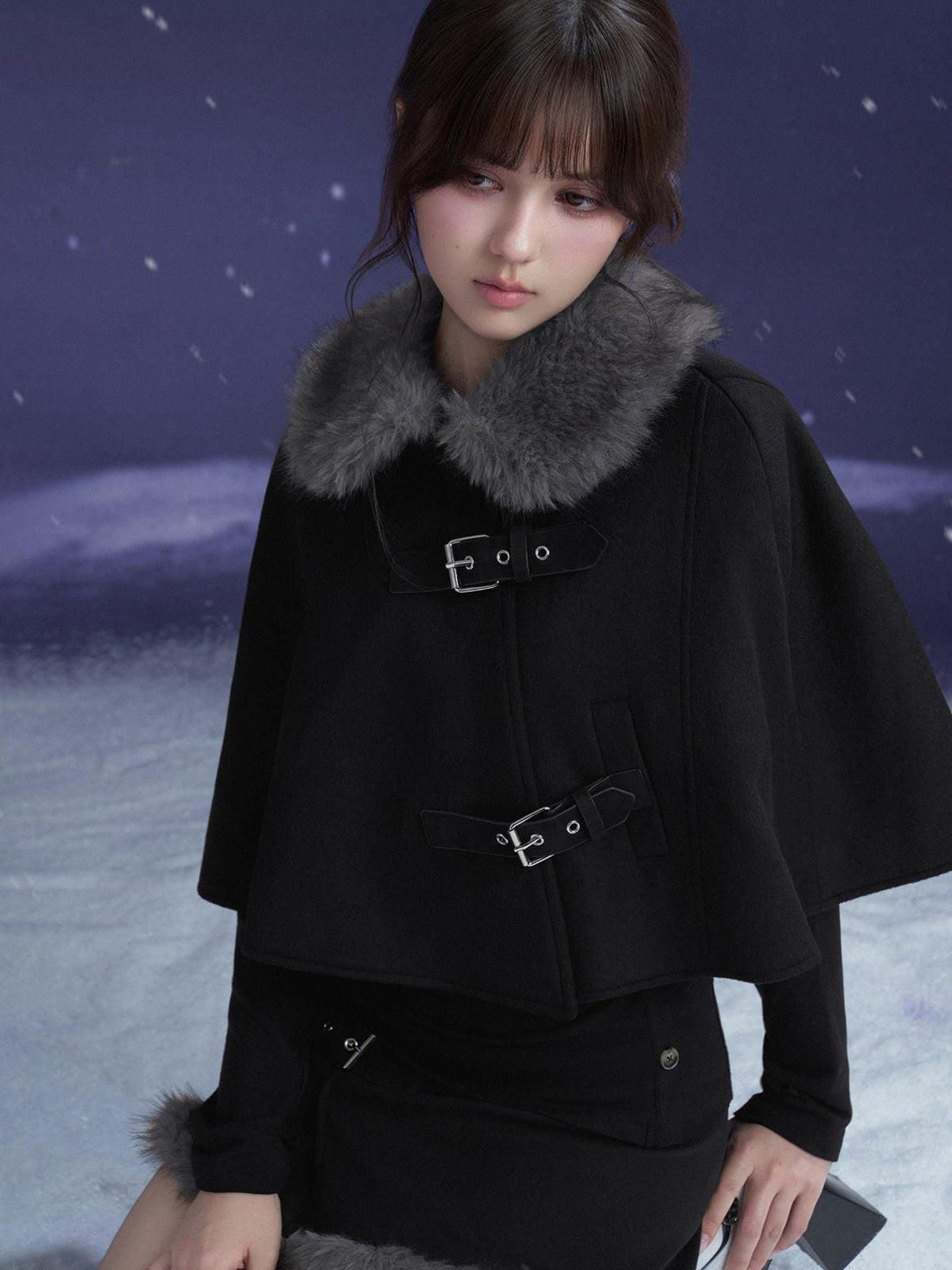 SagiDolls Black Faux Fur Collar Wool Cape Two Piece Women's Matching Skirt Sets