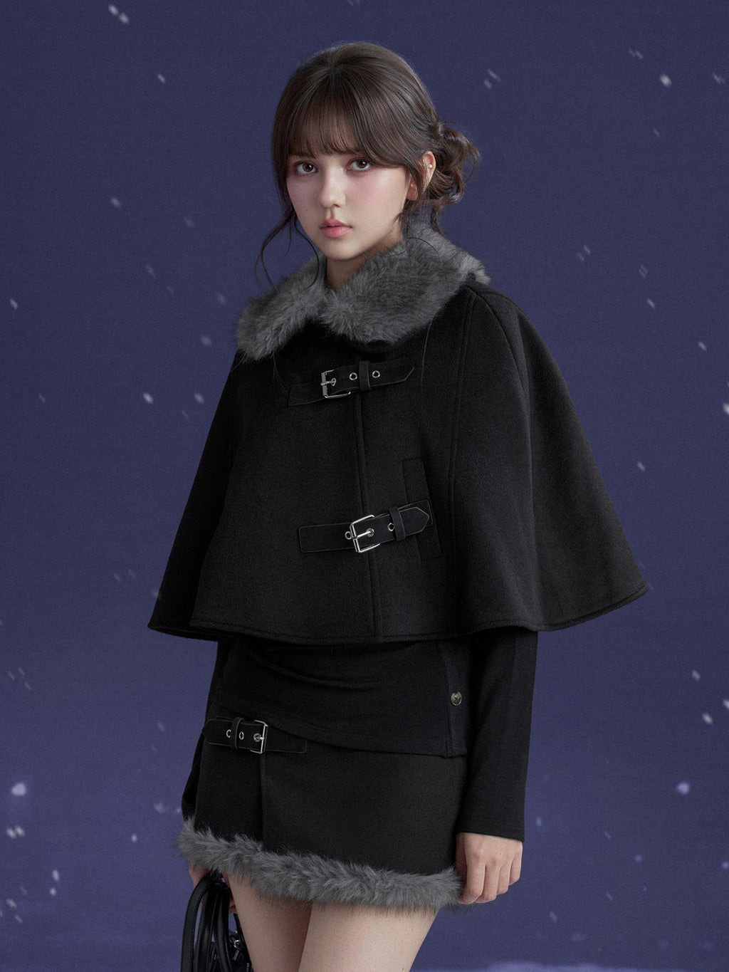 SagiDolls Black Faux Fur Collar Wool Cape Two Piece Women's Matching Skirt Sets