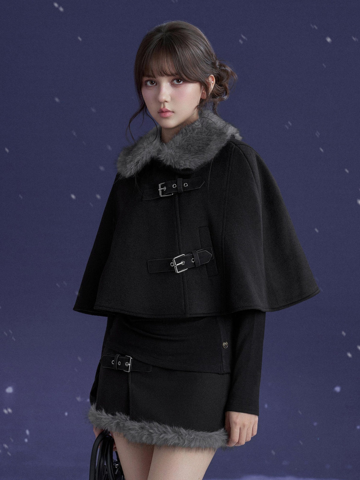SagiDolls Black Faux Fur Collar Wool Cape Two Piece Women's Matching Skirt Sets