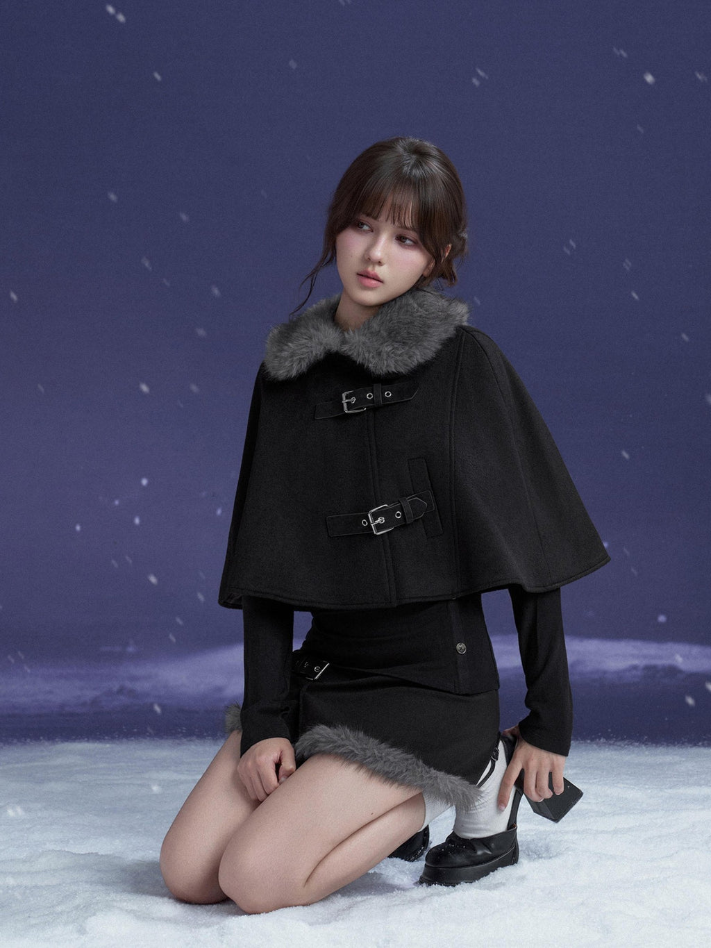 SagiDolls Black Faux Fur Collar Wool Cape Two Piece Women's Matching Skirt Sets