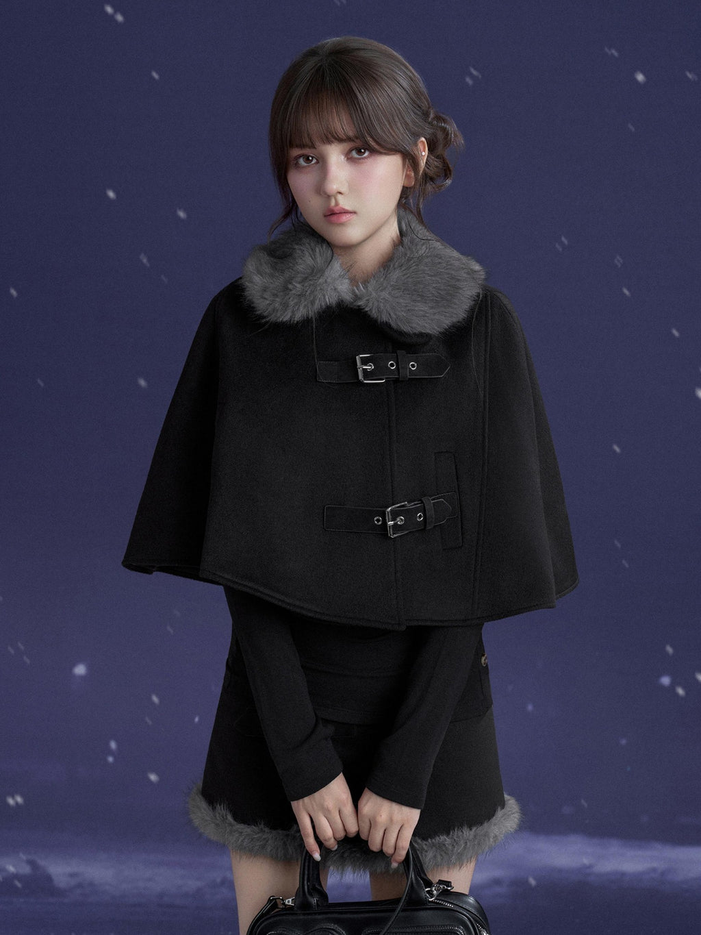 SagiDolls Black Faux Fur Collar Wool Cape Two Piece Women's Matching Skirt Sets