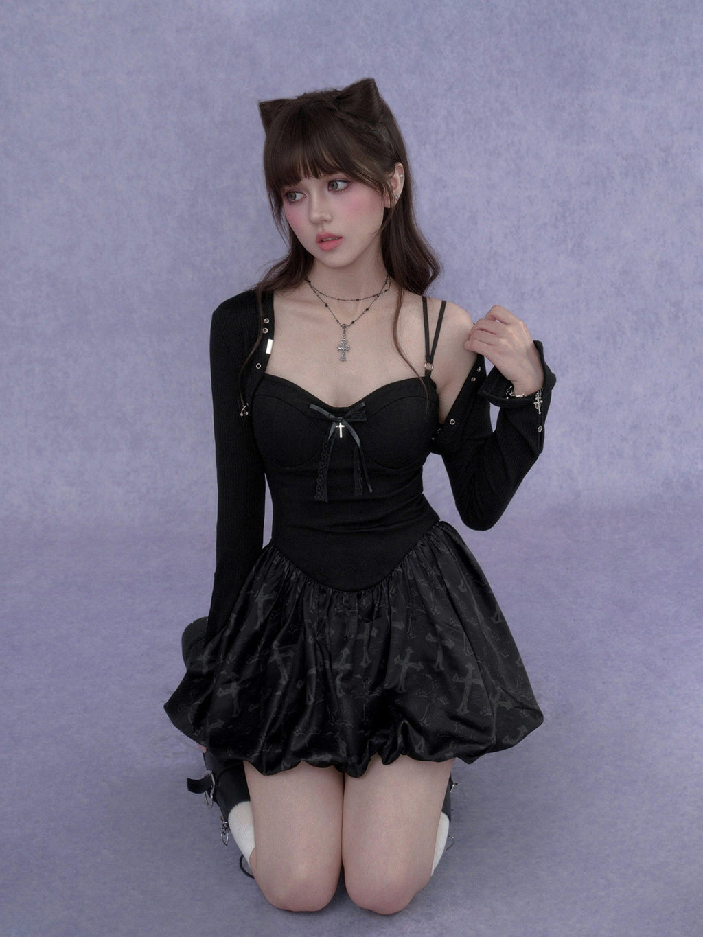 SagiDolls Black Gothic Cross Print Strappy Women's Viscose Corset Mini Dresses