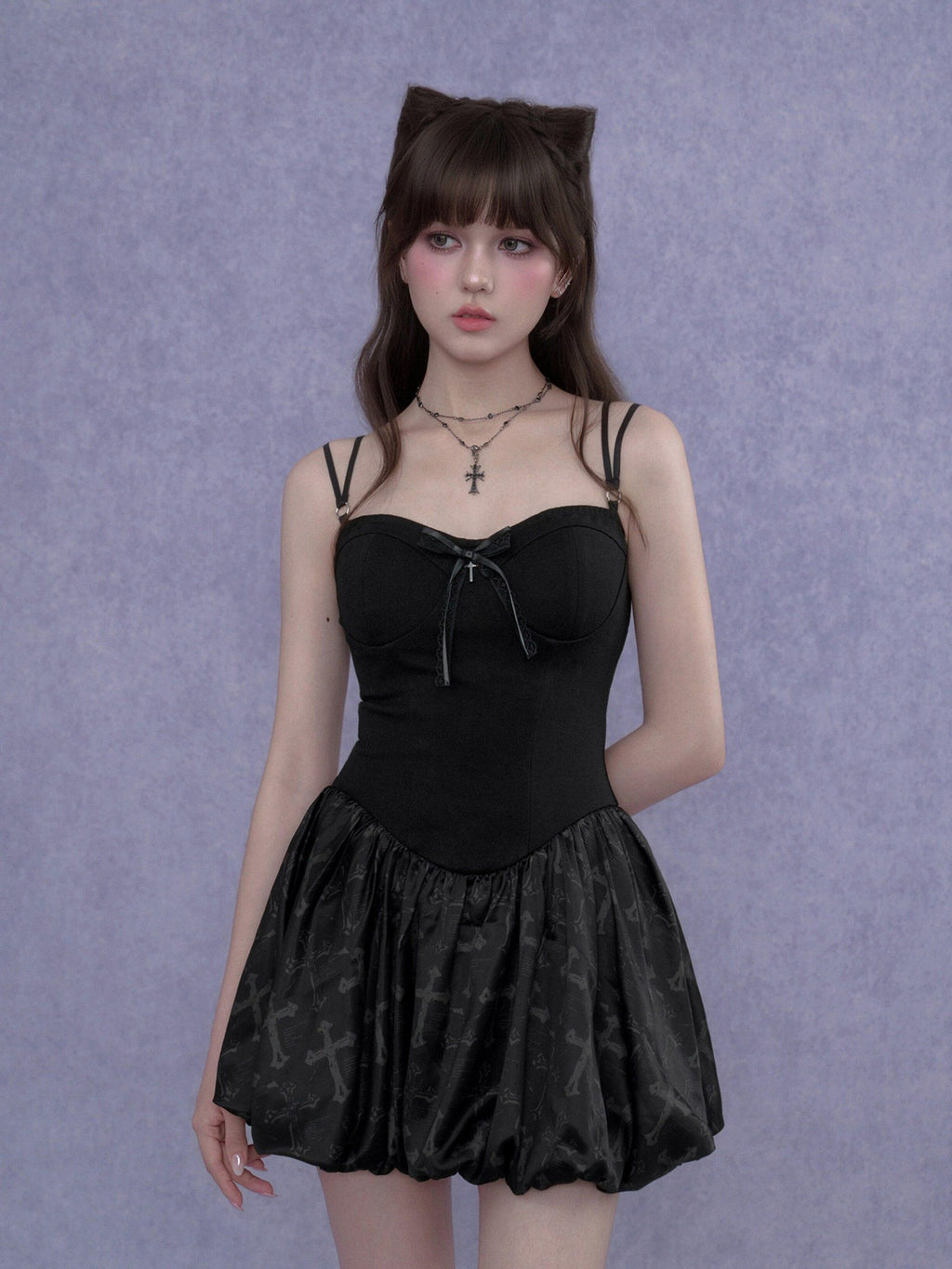 SagiDolls Black Gothic Cross Print Strappy Women's Viscose Corset Mini Dresses