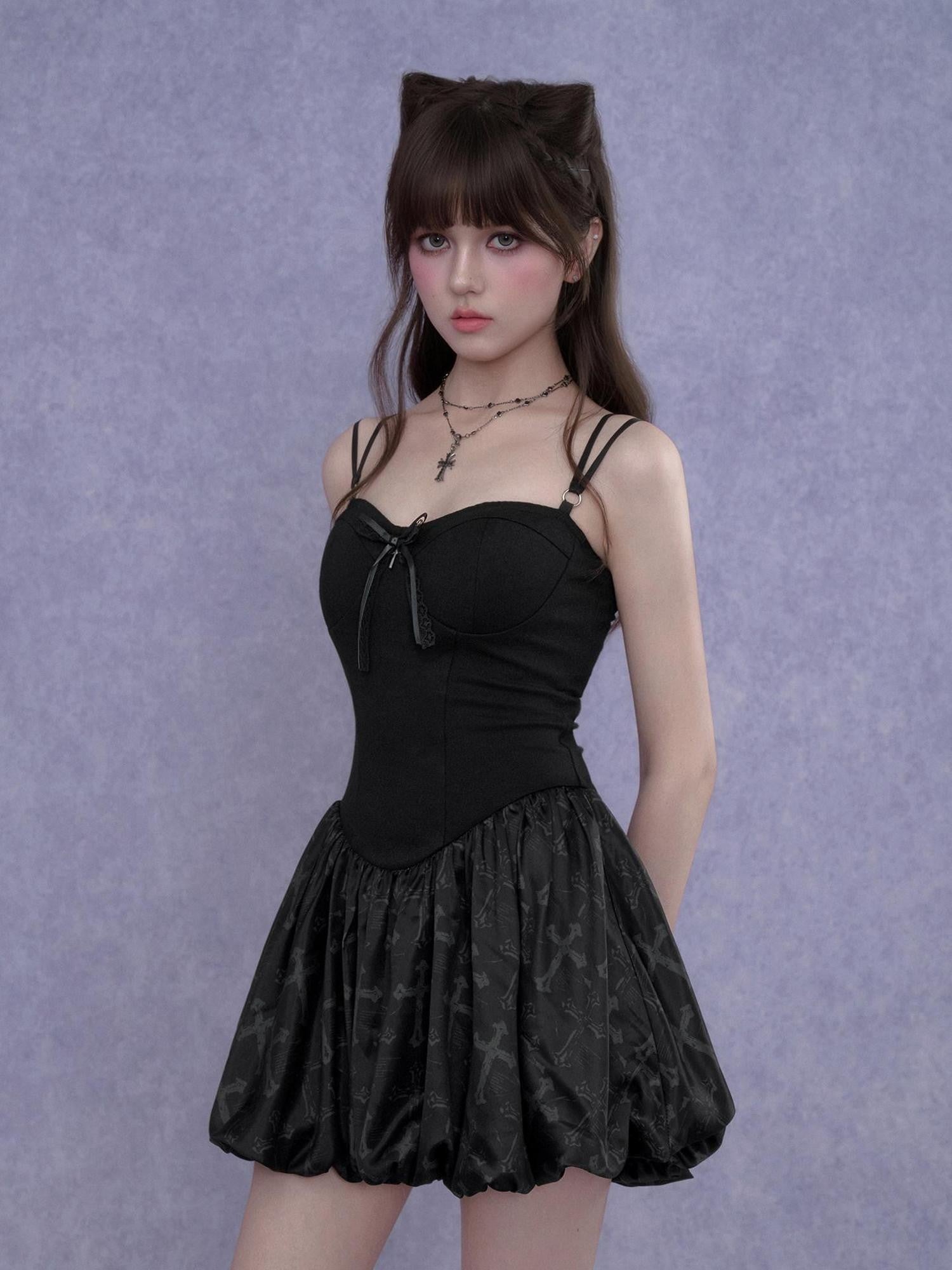 SagiDolls Black Gothic Cross Print Strappy Women's Viscose Corset Mini Dresses