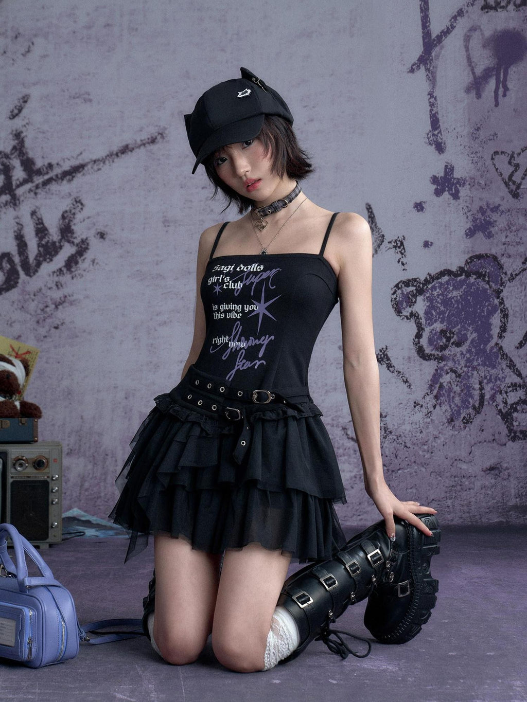 SagiDolls Black Graffiti Devil Tulle Women's Cotton Knit Slip Mini Dresses
